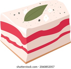 Lard, salo piece with pepper, bay leaf, garlic. Vector cartoon illustration. Pork, pig fillet, ham, gammon, silverside, bacon. Ukrainian traditional food isolated on white background.