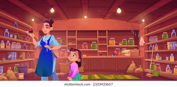 Interior más grande con mujer e hija sosteniendo fondo de caricatura de jam jar. Almacén residencial con almacenamiento de productos de preservación familiar. Niño junto con mujer en la escena del juego de ubicación en el sótano