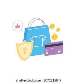 Large 3D paper bag with purchases from online store. Contactless payment on Internet by debit, credit card, cash, money, gold coins. Protection of bank data with shield. Successful transaction.