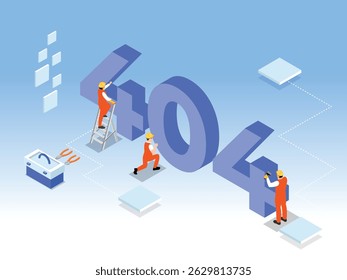 a large 404 error message being worked on by miniature construction workers with tools, suggesting a website page not found or under maintenance isometric 3d vector illustration
