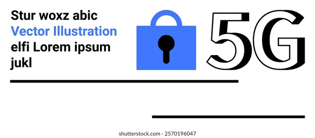 Large 5G number with a blue lock icon representing security. Minimalist elements with placeholder text. Ideal for technology, security, telecommunications, innovation, digital transformation. Banner
