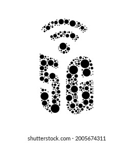 Un gran símbolo 5G en el centro hecho al estilo del puntillismo. El símbolo central está lleno de círculos negros de varios tamaños. Ilustración del vector sobre fondo blanco