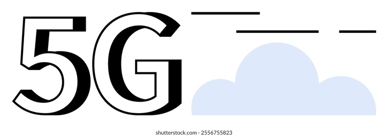 Large 5G symbol next to a cloud with signal lines above it. Ideal for technology, wireless communication, internet speed, connectivity, and future advancements. Clean, minimalist design