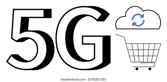 Large 5G text with a cloud, shopping cart and refresh symbol. Ideal for technology, wireless networks, eCommerce, cloud computing and innovation. Simple vector design