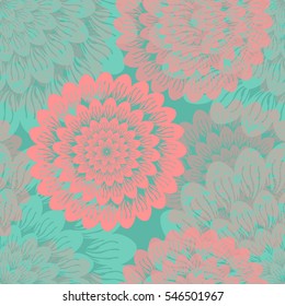 Large abstract flowers from hand-drawn petals on a green background. Floral background for textile or book covers, manufacturing, wallpapers, print, gift wrap and scrapbooking.