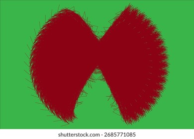 Una forma Grande y abstracta que se asemeja a una pajarita o alas difusas y puntiagudas. La textura roja intensa está creada por numerosas líneas finas, que contrastan con un fondo verde vibrante.