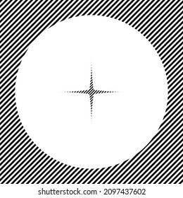 A large abstract star symbol in the center as a hatch of black lines on a white circle. Interlaced effect. Seamless pattern with striped black and white diagonal slanted lines