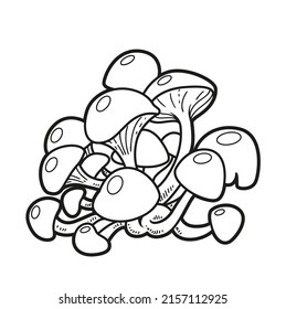 Large accumulation of poisonous toadstool mushrooms linear drawing for coloring isolated on white background