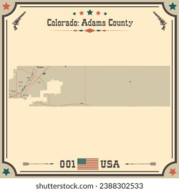 Large and accurate map of Adams County, Colorado, USA with vintage colors.