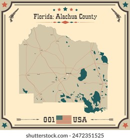 Large and accurate map of Alachua County, Florida, USA with vintage colors.