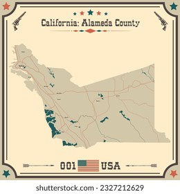 Large and accurate map of Alameda County, California, USA with vintage colors.