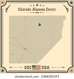 Large and accurate map of Alamosa County, Colorado, USA with vintage colors.