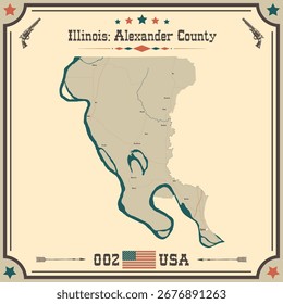 Mapa Grande y exacto del condado de Alexander, Illinois, Estados Unidos con colores vintage.