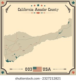 Large and accurate map of Amador County, California, USA with vintage colors.