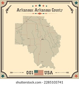 Große und genaue Karte von Arkansas County, Arkansas, USA mit Vintage Farben.
