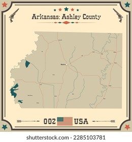 Mapa grande y preciso del condado de Ashley, Arkansas, EE.UU. con colores antiguos.