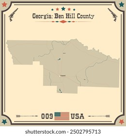 Large and accurate map of Ben Hill County, Georgia, USA with vintage colors.