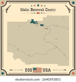 Large and accurate map of Benewah County, Idaho, USA with vintage colors.