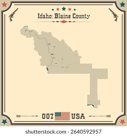 Large and accurate map of Blaine County, Idaho, USA with vintage colors.