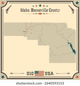 Large and accurate map of Bonneville County, Idaho, USA with vintage colors.