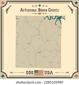  Mapa grande y preciso del condado de Boone, Arkansas, EE.UU. con colores antiguos.