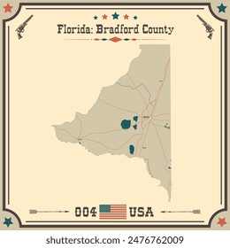 Large and accurate map of Bradford County, Florida, USA with vintage colors.