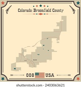 Large and accurate map of Broomfield County, Colorado, USA with vintage colors.