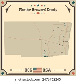Mapa Grande y preciso de Broward County, Florida, Estados Unidos con colores vintage.