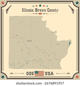 Mapa grande e preciso de Brown County, Illinois, EUA com cores vintage.