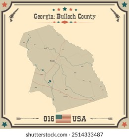Large and accurate map of Bulloch County, Georgia, USA with vintage colors.
