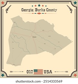 Large and accurate map of Burke County, Georgia, USA with vintage colors.