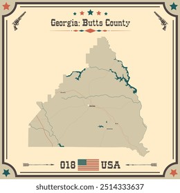 Large and accurate map of Butts County, Georgia, USA with vintage colors.