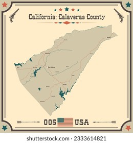 Große und genaue Karte von Calaveras County, Kalifornien, USA mit Vintage-Farben.