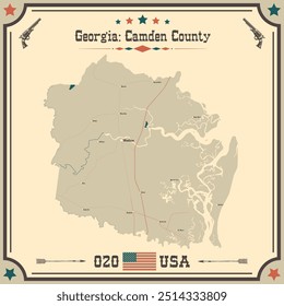 Mapa Grande y exacto del condado de Camden, Georgia, Estados Unidos con colores vintage.