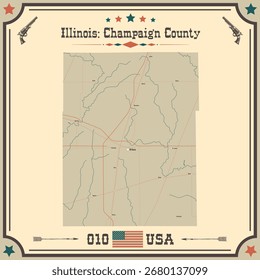 Large and accurate map of Champaign County, Illinois, USA with vintage colors.