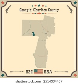 Mapa Grande y exacto del condado de Charlton, Georgia, Estados Unidos con colores vintage.