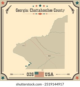 Mapa grande e preciso de Chattahoochee County, Georgia, Estados Unidos da América com cores vintage.