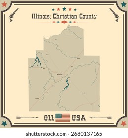 Large and accurate map of Christian County, Illinois, USA with vintage colors.