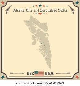 Large and accurate map of City and Borough of Sitka, Alaska, USA with vintage colors.