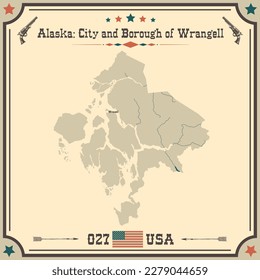 Large and accurate map of City and Borough of Wrangell, Alaska, USA with vintage colors.