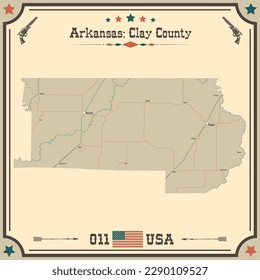 Large and accurate map of Clay County, Arkansas, USA with vintage colors.