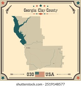 Mapa Grande y exacto del condado de Clay, Georgia, Estados Unidos con colores vintage.