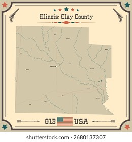 Large and accurate map of Clay County, Illinois, USA with vintage colors.