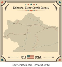 Mapa grande y preciso del condado Clear Creek, Colorado, EE.UU. con colores antiguos.