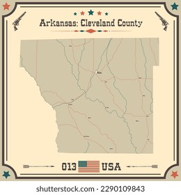Große und genaue Karte von Cleveland County, Arkansas, USA mit Vintage-Farben.
