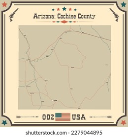 Large and accurate map of Cochise County, Arizona, USA with vintage colors.