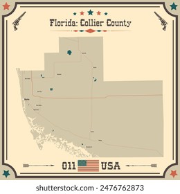 Mapa Grande y exacto de Collier County, Florida, Estados Unidos con colores vintage.
