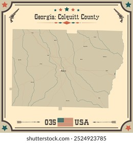 Mapa Grande y exacto del condado de Colquitt, Georgia, Estados Unidos con colores vintage.