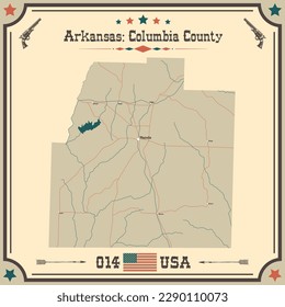 Mapa grande y preciso del condado de Columbia, Arkansas, EE.UU. con colores antiguos.
