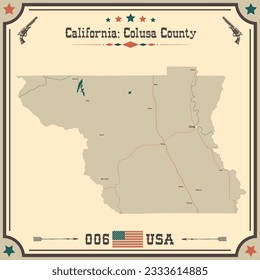 Large and accurate map of Colusa County, California, USA with vintage colors.